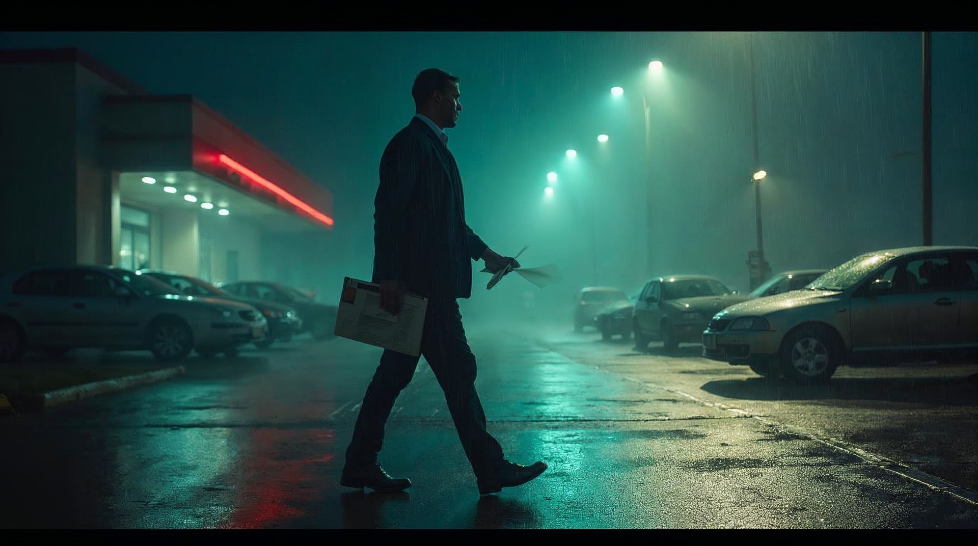 Dealership marketing manager under forecourt floodlights holding a printed spend sheet in the rain