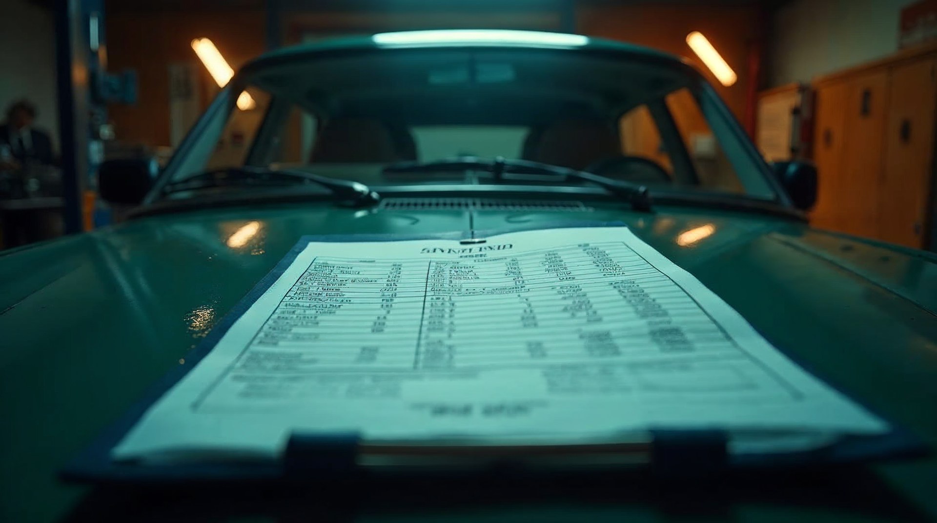 Printed cost-per-lead table clipped to a clipboard on a car bonnet under service bay lighting