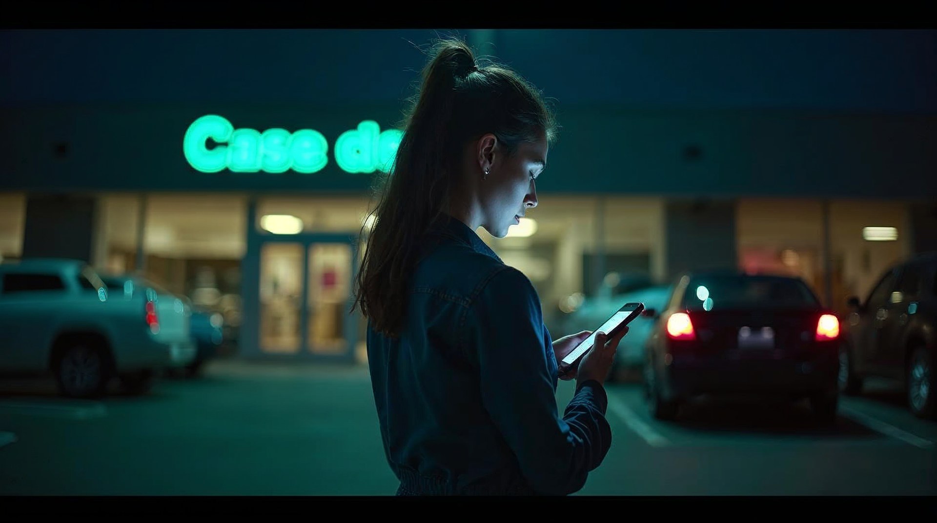 Shopper alone in a dark dealership lot at night lit only by the glow of her phone screen