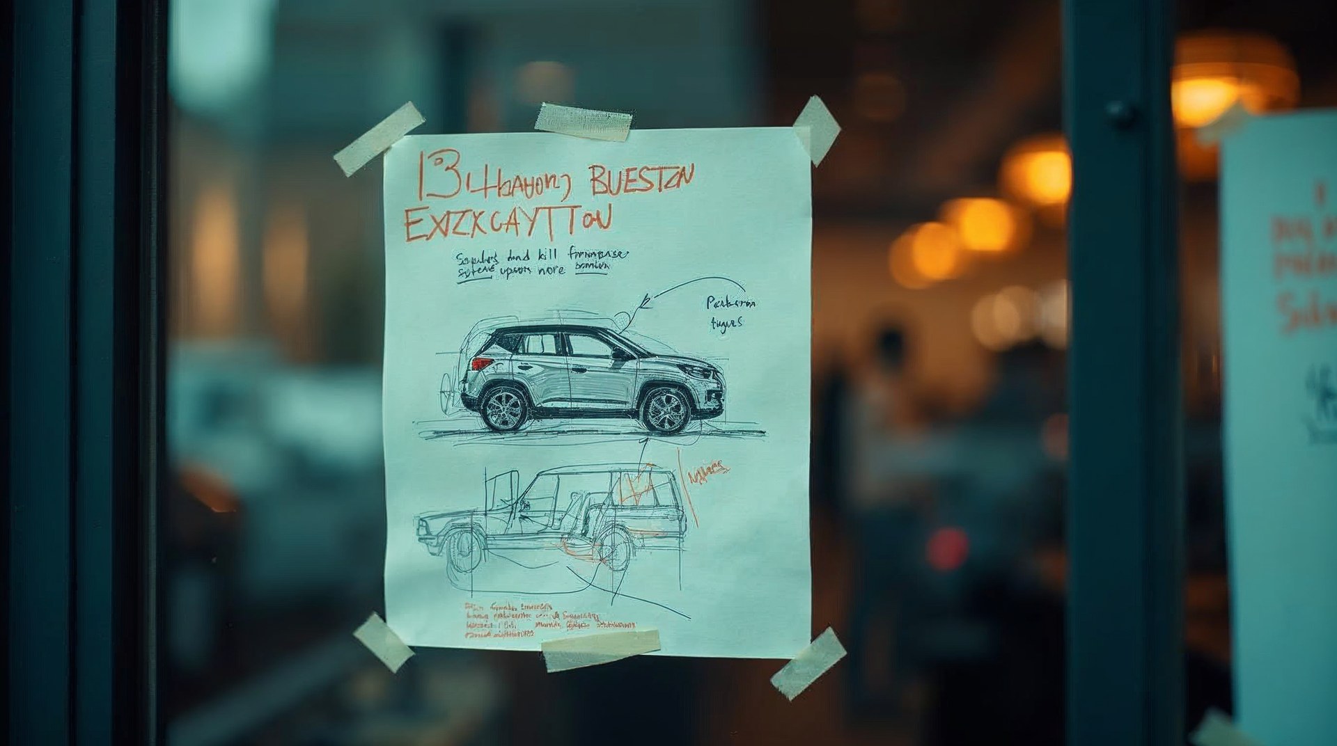 Printed wireframe sketch of a vehicle listing page taped to a showroom window with orange pen corrections