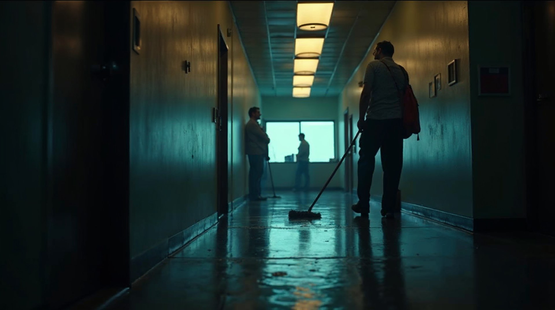 Commercial cleaner mopping a dark office lobby before dawn under a single amber ceiling light