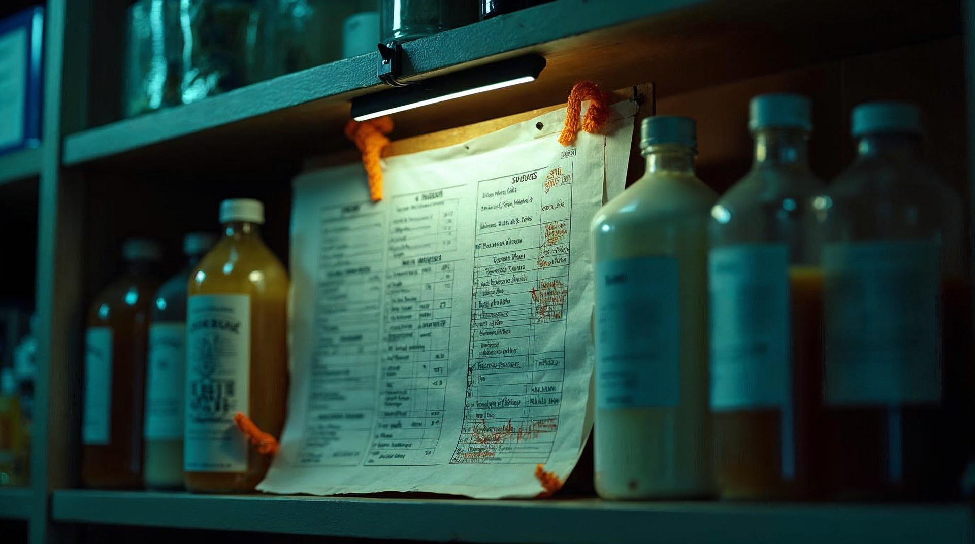 Printed schedule of building names pinned above a shelf of cleaning supplies and marked in orange pen
