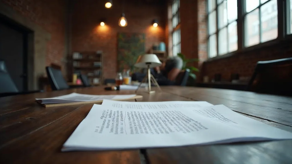 Editorial photograph of printed website copy drafts and proof pages on a dark walnut table in a converted tobacco warehouse office