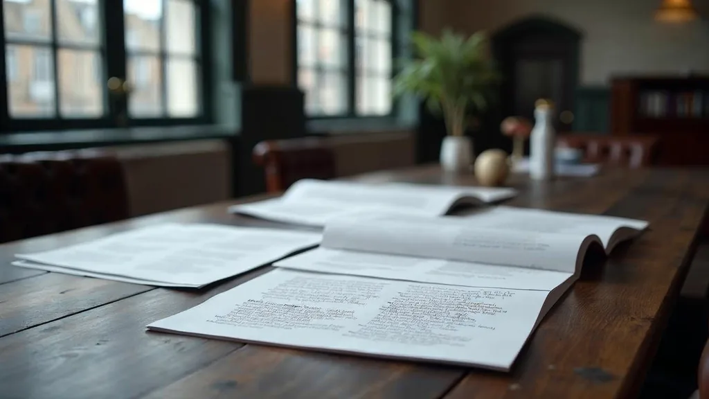 Editorial photograph of printed brand tone of voice documents and proof pages on a dark oak table in a Georgian New Town office