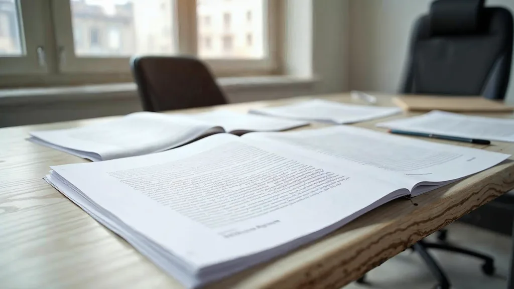 Editorial photograph of printed marketing copy drafts and proof pages on a pale birch table in a prairie city agency office