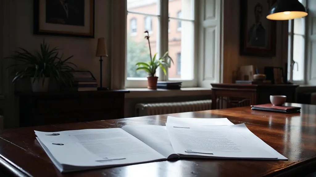 Editorial photograph of printed brand messaging documents and proof pages on a dark oak table in a Georgian Dublin office