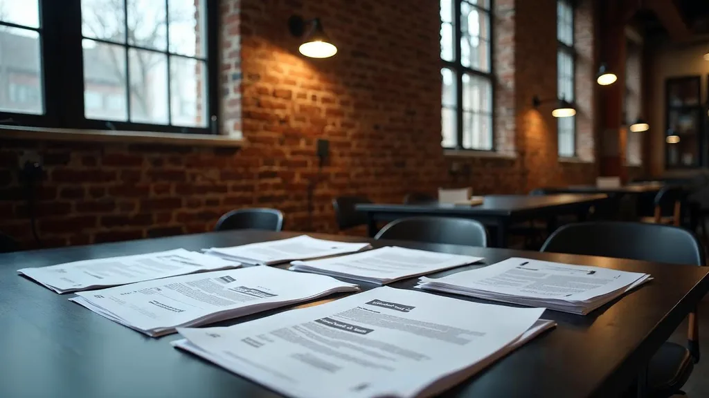 Editorial photograph of printed brand messaging drafts and proof pages on a dark table in a red-brick converted mill office