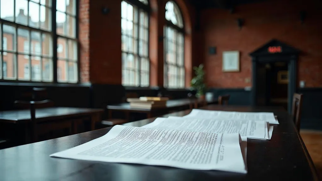 Editorial photograph of printed campaign copy drafts and proof pages on a dark table in a Victorian red-brick city office