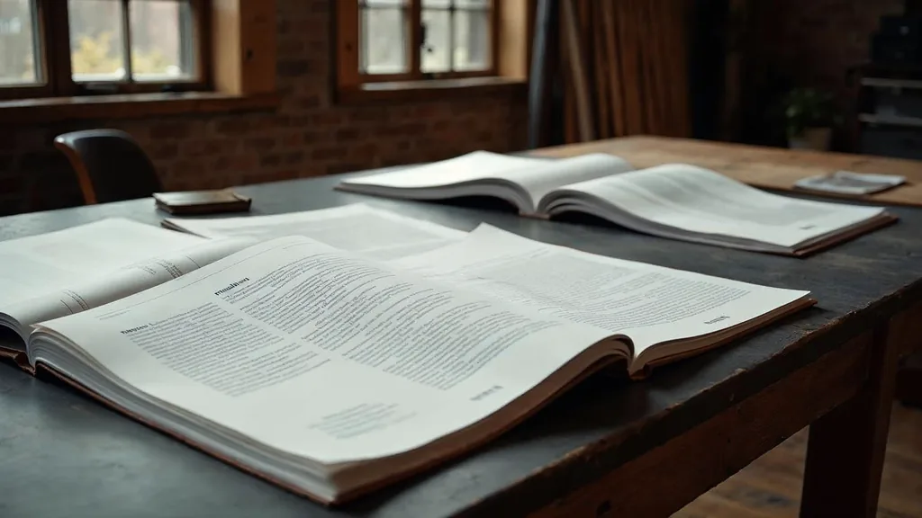 Editorial photograph of printed brand voice documents and proof pages on a dark table in a warehouse conversion studio