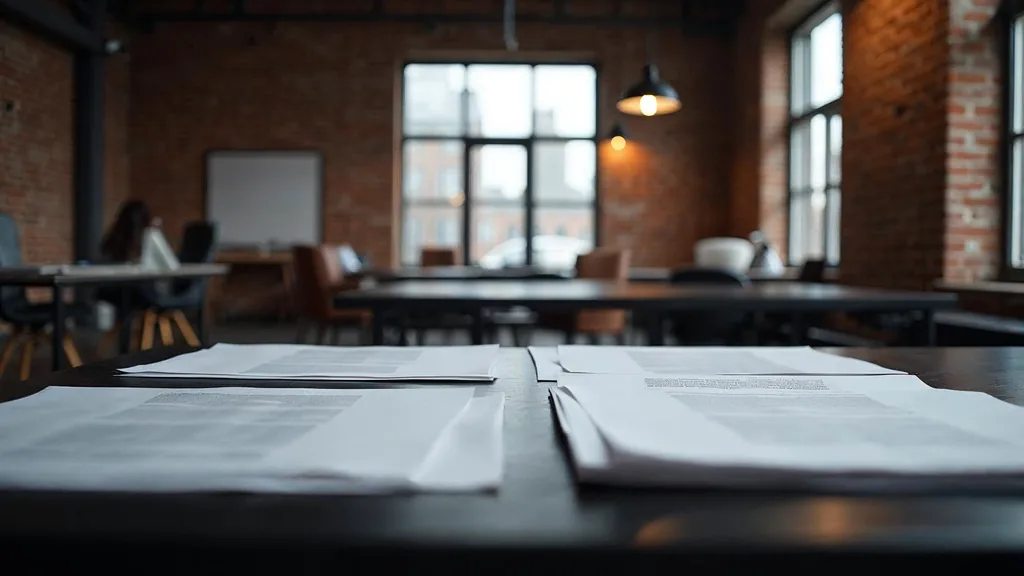 Editorial photograph of printed website copy drafts and proof pages on a dark table in a converted riverfront warehouse office