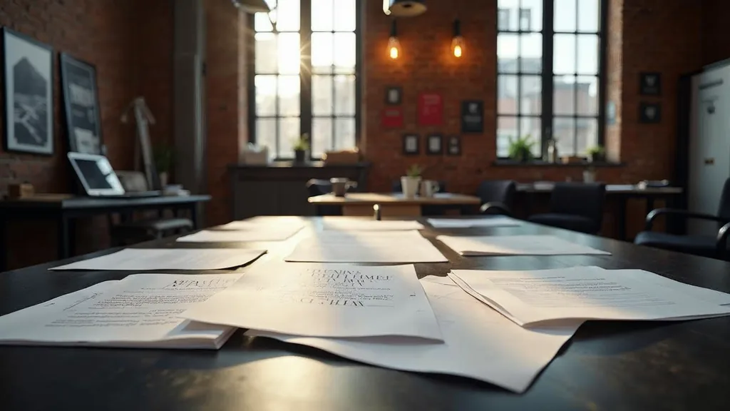 Editorial photograph of printed brand copy drafts and proof pages on a dark table in a brick creative studio