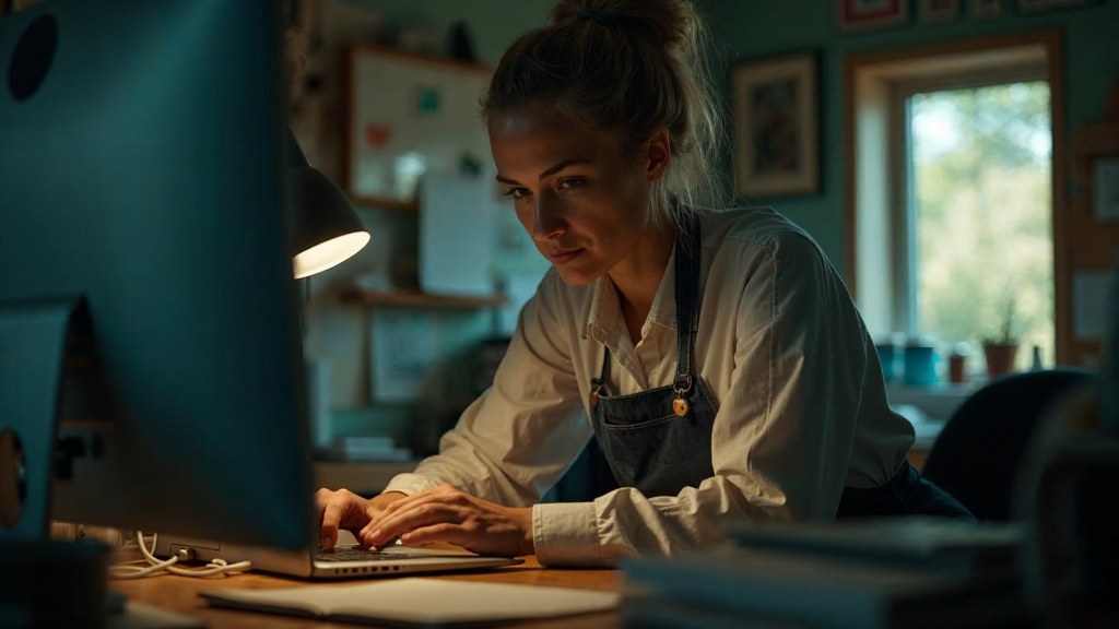 A small-business owner in an apron leaning over a laptop on a cluttered back-office desk late in the day, photographed in Tucson