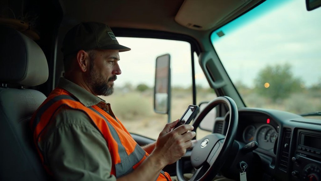 A contractor sitting in the cab of a work van reviewing a phone before driving off, photographed in Tucson