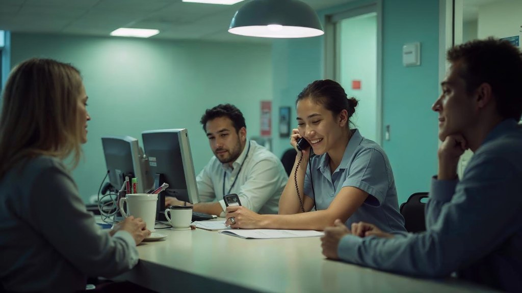 A clinic receptionist taking a phone call at a busy front desk with patients waiting, photographed in Tucson