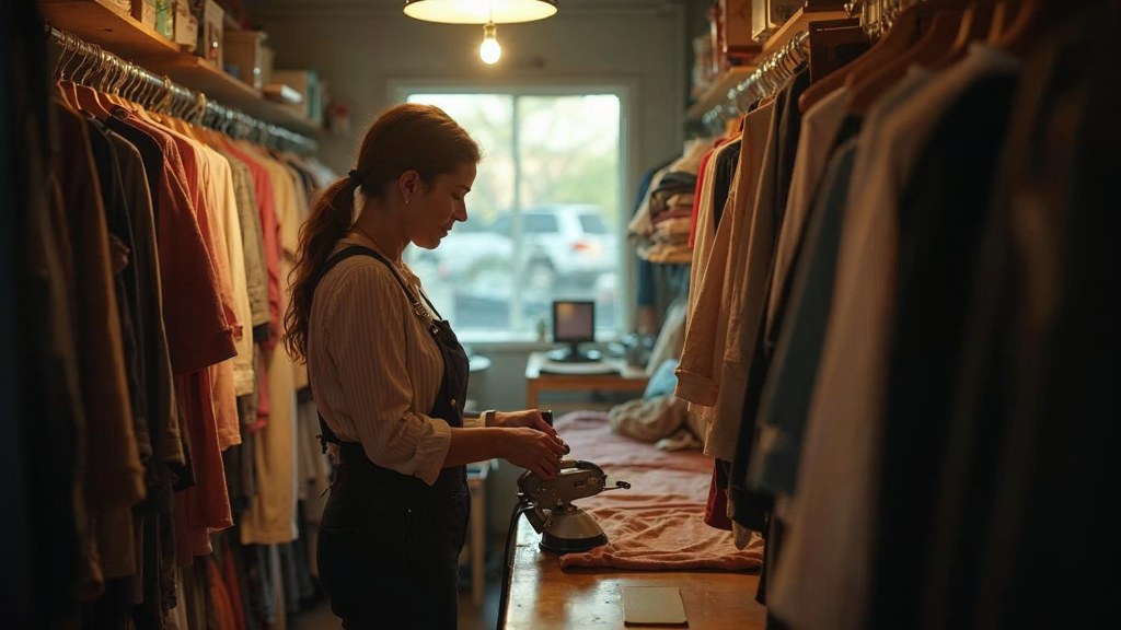 A boutique owner steaming garments in a narrow shop stockroom at opening time, photographed in Tucson
