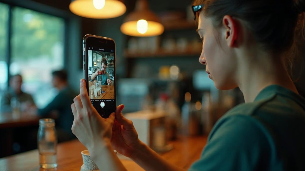 A young cafe worker filming a drink being poured on a phone propped against a napkin holder, photographed in Tucson