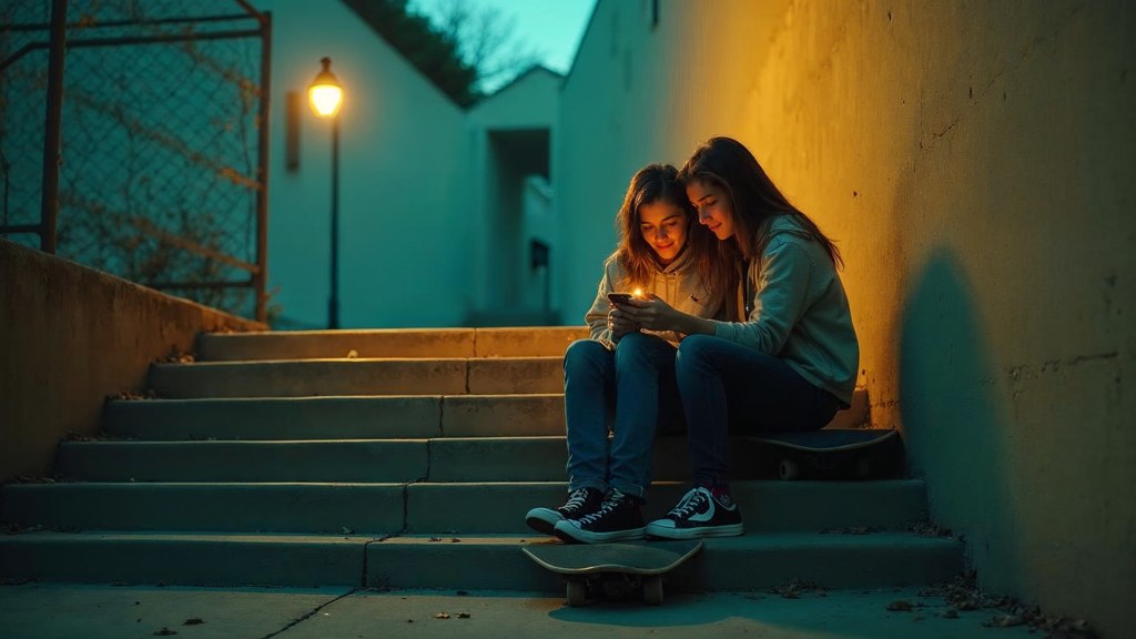 Two teenagers on skateboards looking at a phone on a set of concrete steps, photographed in Tucson