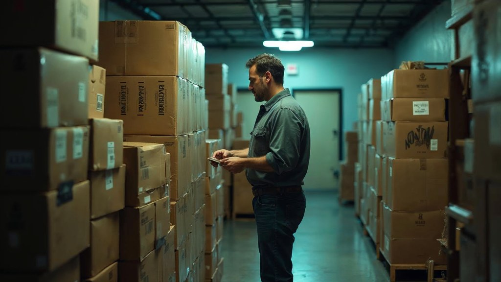 A seller checking barcodes on stacked cartons in a garage stockroom, photographed in Tucson