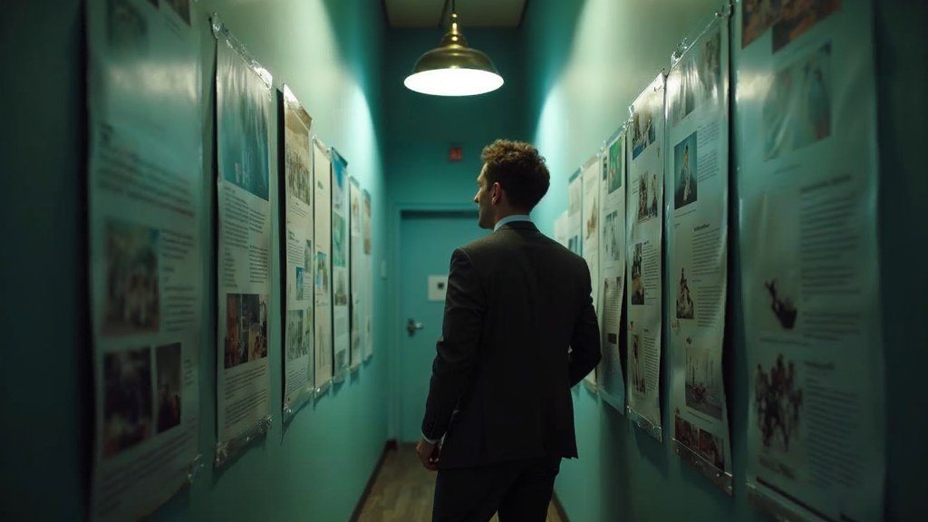 A media planner standing at a wall of printed layouts in a narrow agency corridor, photographed in Tucson