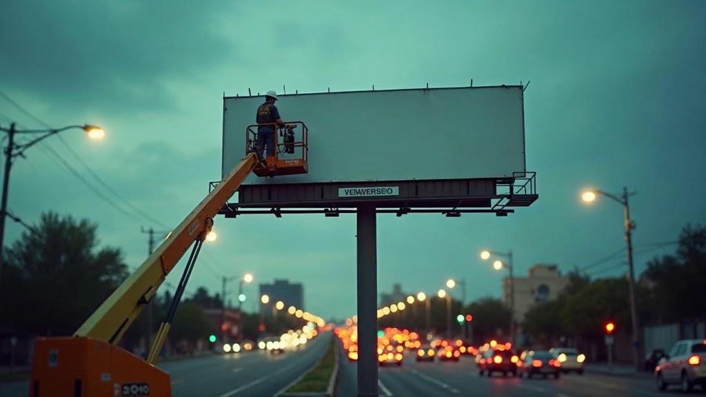 A crew member on a lift installing a blank billboard panel above a busy street, photographed in Tucson