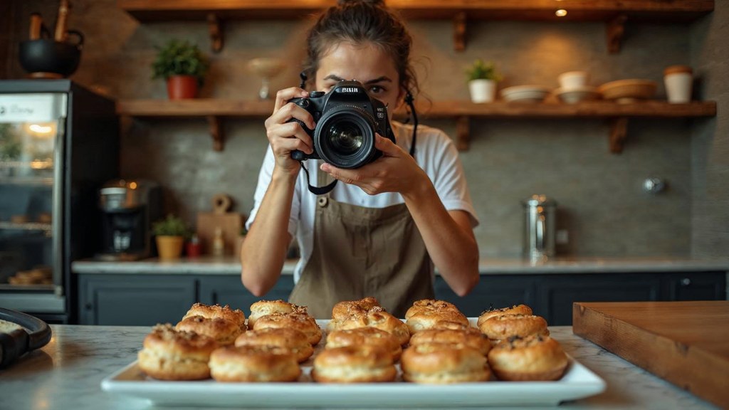 A bakery owner photographing a tray of pastries on a marble counter at dawn, photographed in Tucson