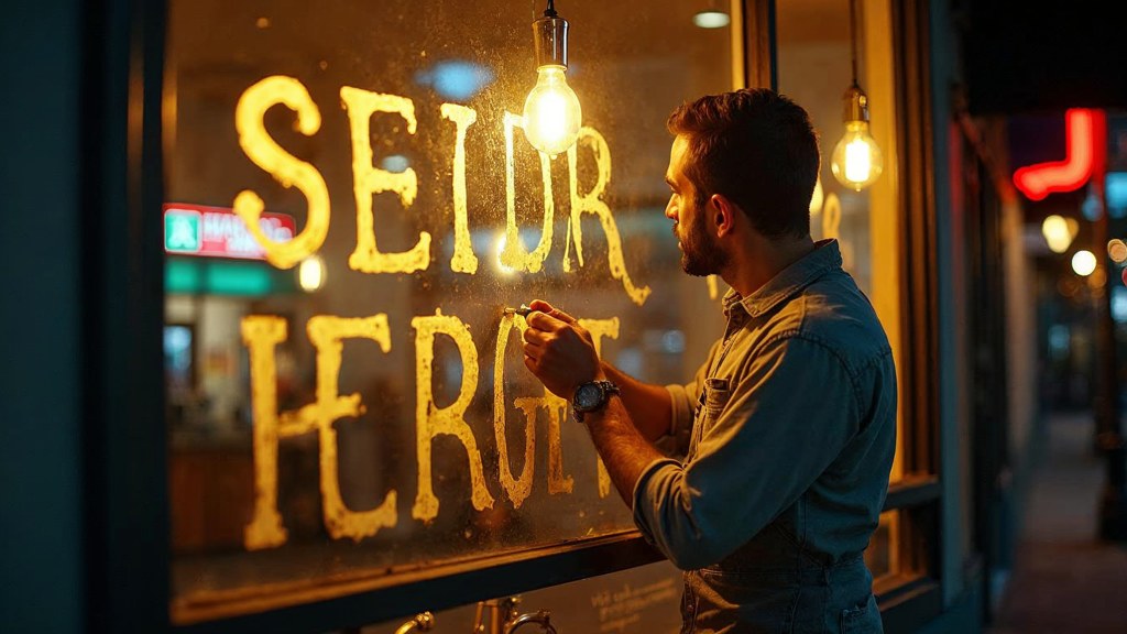 A sign painter finishing gold lettering on a shopfront window from the street side, photographed in Tucson