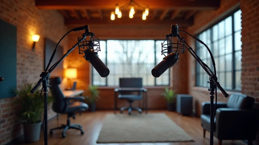 Editorial photograph of a professional podcast studio in a Calgary brick and timber loft with two microphones on boom arms, acoustic panels, a mixing desk and warm lamp light beside tall windows