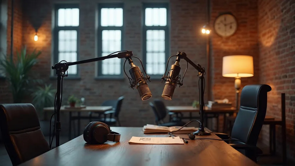 Editorial photograph of a professional podcast studio in a Cleveland industrial brick building with two microphones on boom arms, acoustic panels, headphones on the table and warm lamp light beside tall factory windows