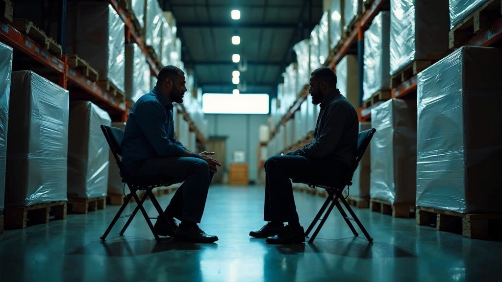 A warehouse supervisor interviewing a candidate on folding chairs beside stacked pallets, photographed in Tucson