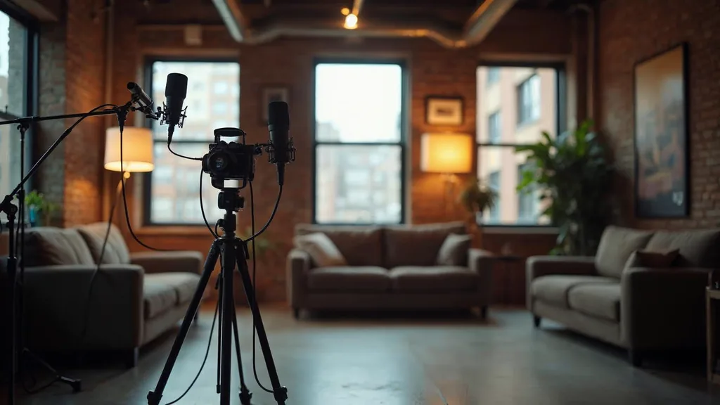 Editorial photograph of a professional video podcast studio in a Columbus downtown loft with two microphones on boom arms, a camera on a tripod, acoustic panels and warm lamp light beside tall windows