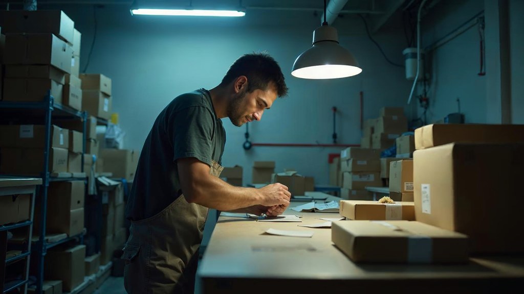 A warehouse worker taping shipping boxes under strip lighting in a small fulfilment room, photographed in Tucson