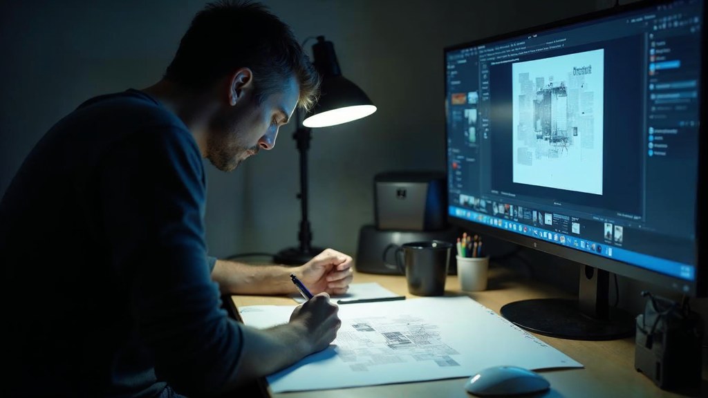 A studio designer sketching a page layout on paper beside a monitor in a dim room, photographed in Tucson