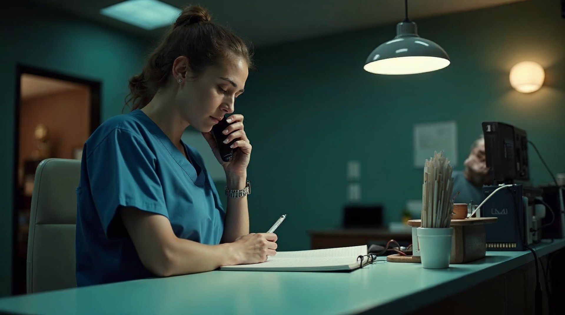 Dental practice manager marking a paper appointment book at the front desk after closing