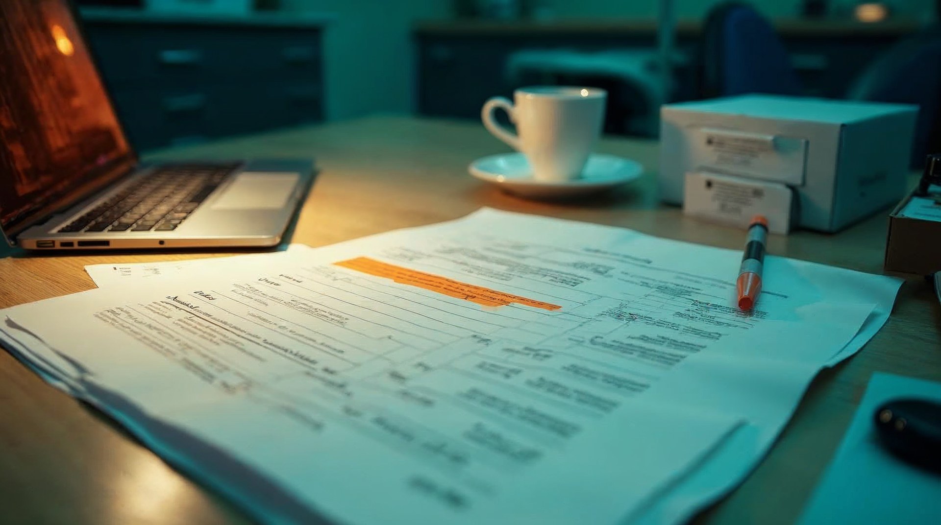 Printed advertising spend report on a dental staff-room table with one column circled in orange