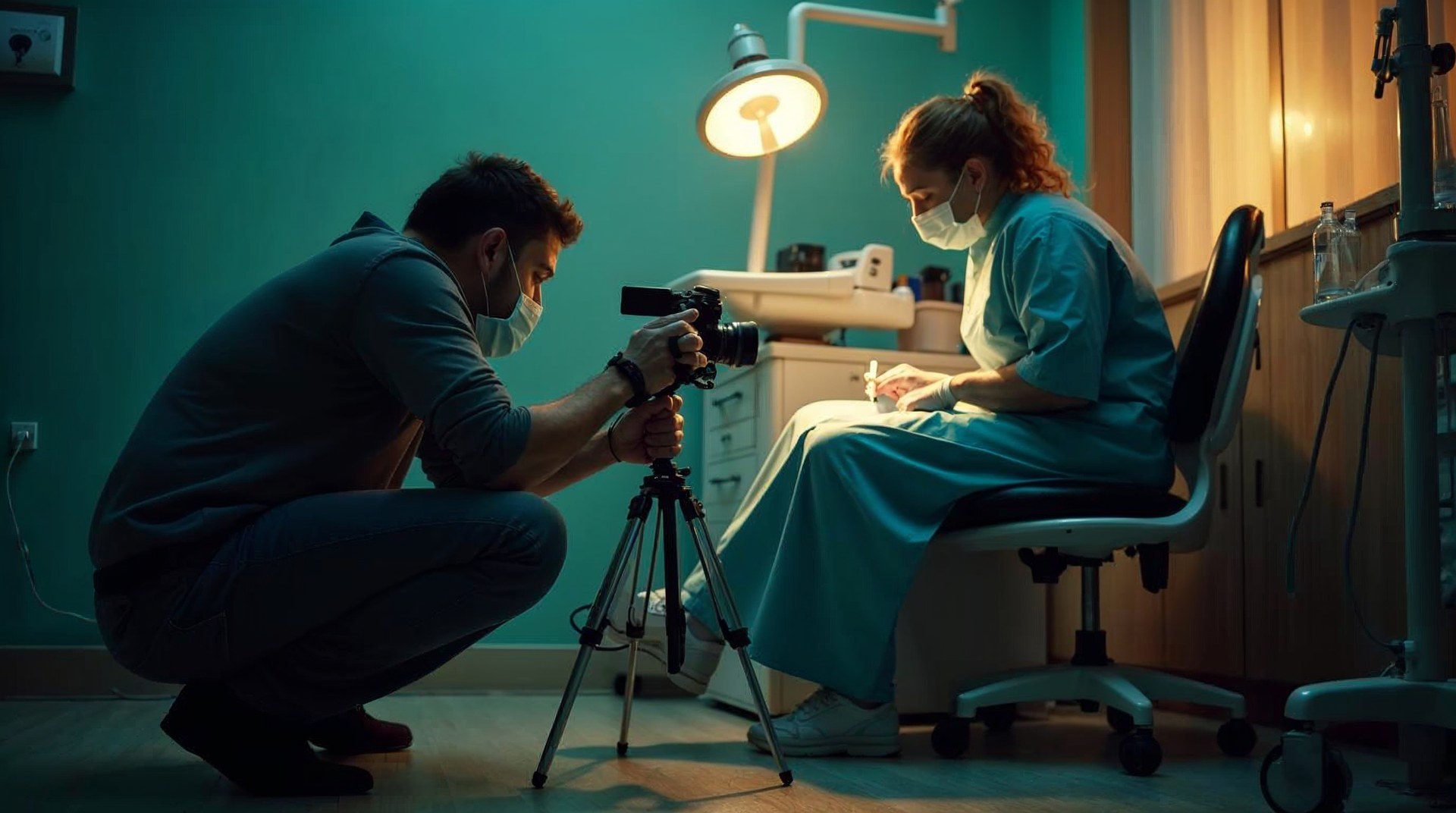 Videographer crouched low filming a hygienist at work in a dental surgery on a small gimbal