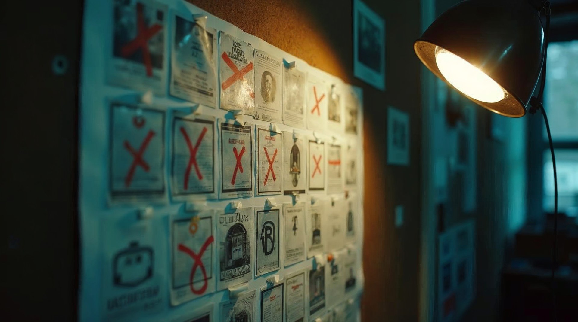 Contact sheet of printed ad frames pinned to a corkboard with rejected frames crossed out