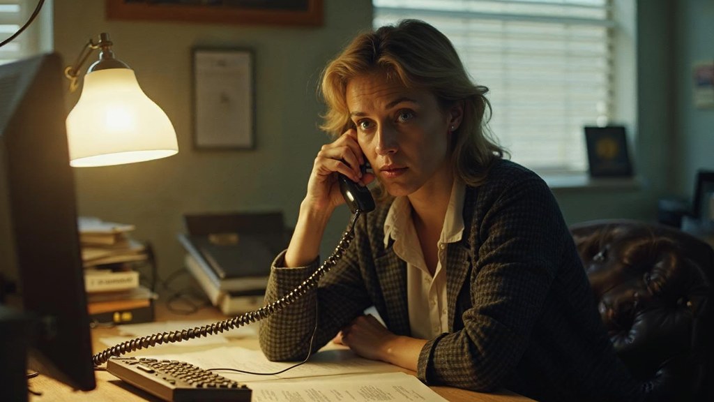 An office manager at a cluttered desk with a landline handset tucked under one ear, photographed in Tucson