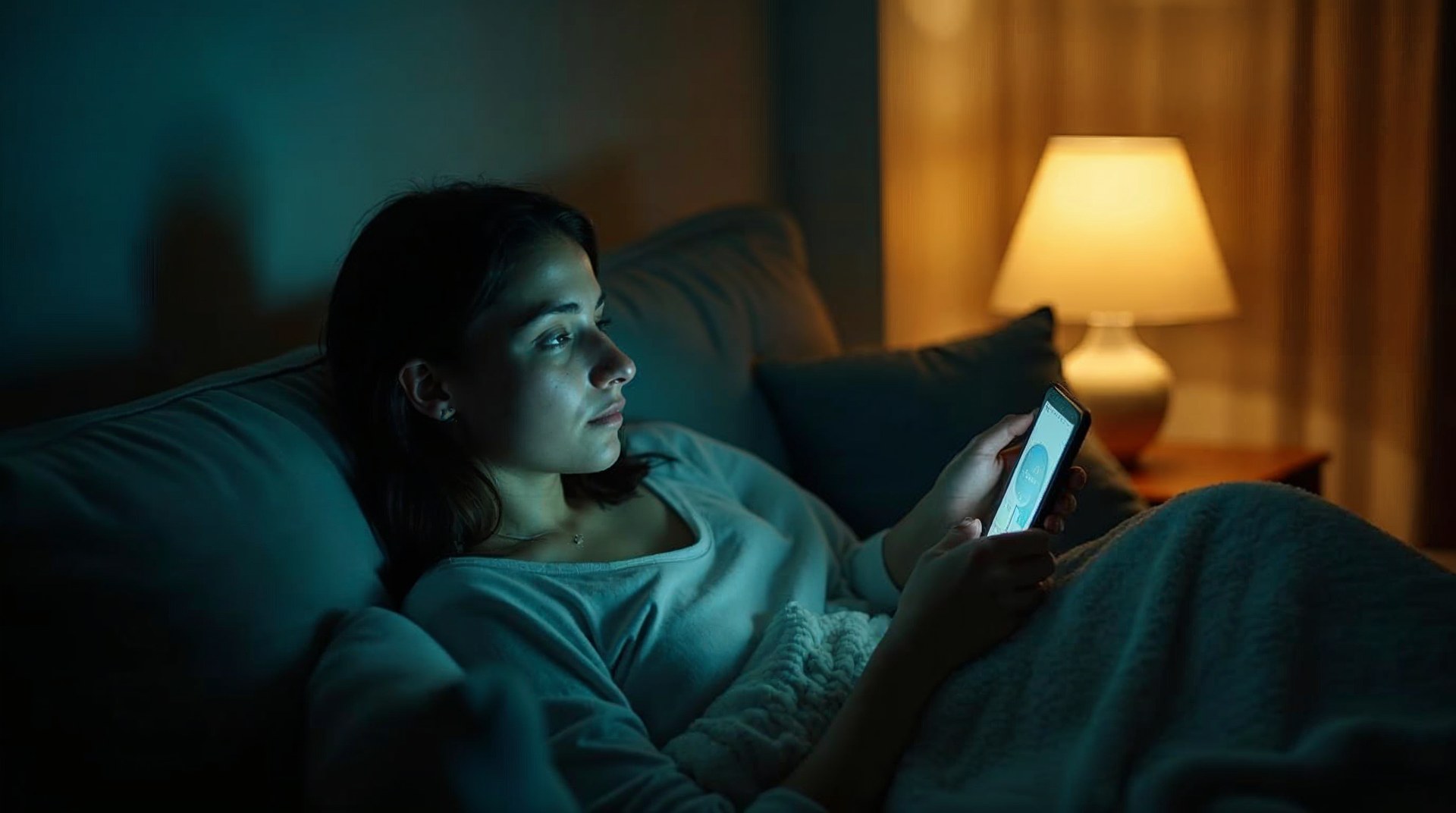 Woman on a late-night sofa typing a question about a broken tooth into a chat app on her phone