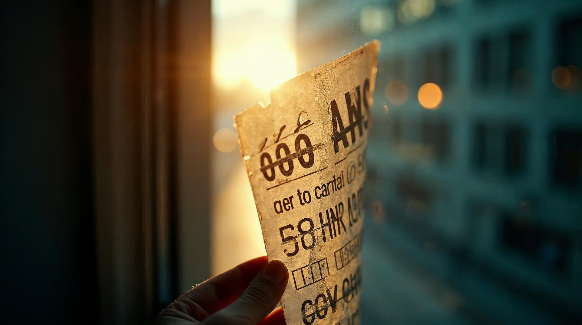 Printed page of advertising performance figures held against a window and lit from behind