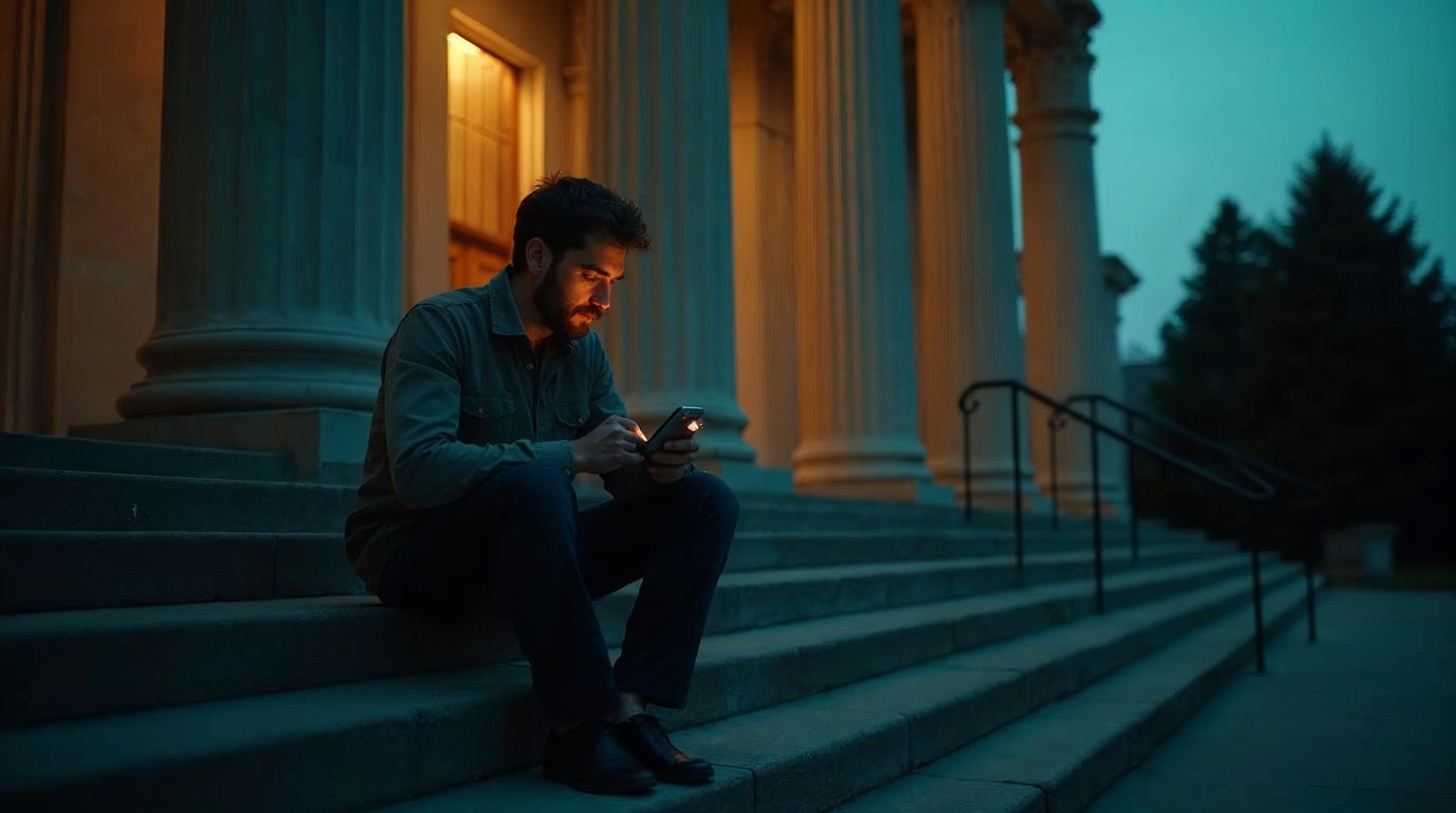 Man sitting on courthouse steps at dusk typing a question into his phone