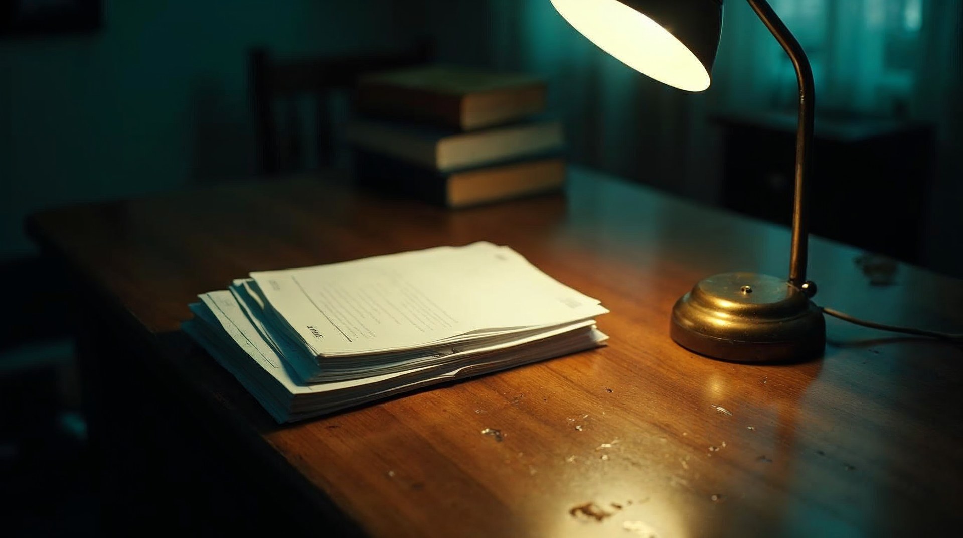 Stack of case intake sheets on a scarred wooden desk under a raking desk lamp