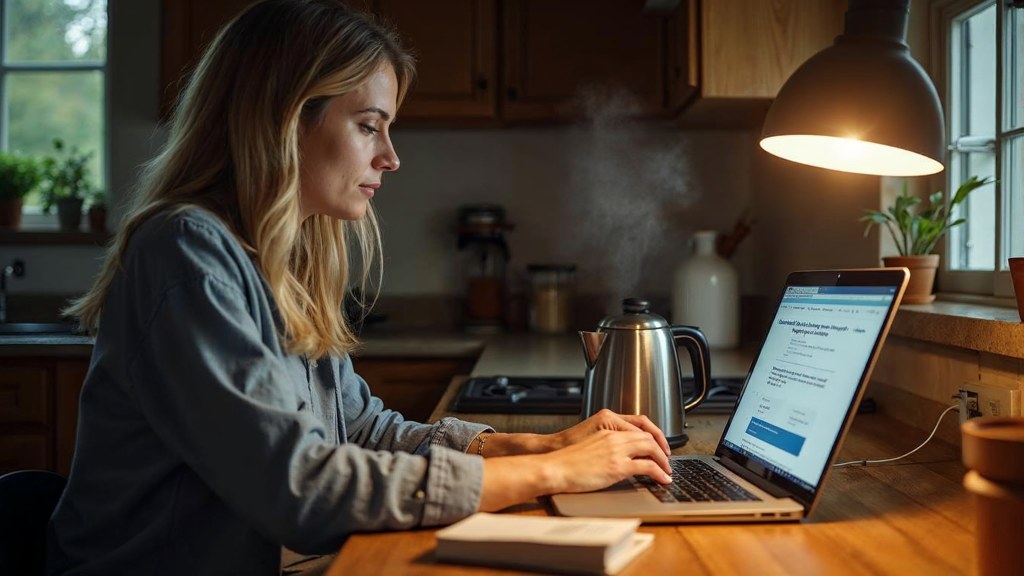 A service-business owner at a kitchen table typing a question into a laptop while a kettle steams behind, photographed in Tucson