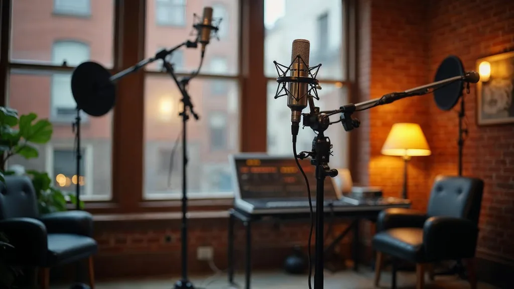 Editorial photograph of a professional podcast studio inside a Baltimore brick building with two microphones on boom arms, acoustic panels, a mixing desk and warm lamp light beside tall windows