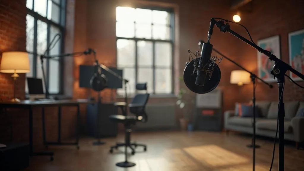 Editorial photograph of a professional podcast studio in a Charlotte brick warehouse conversion with two microphones on boom arms, acoustic panels, a mixing desk and warm lamp light beside tall industrial windows