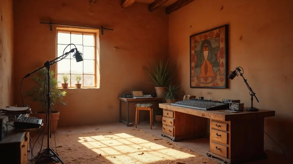 Editorial photograph of a professional podcast studio in a southwestern adobe-style building with two microphones on boom arms, acoustic panels and a mixing desk lit by warm desert daylight