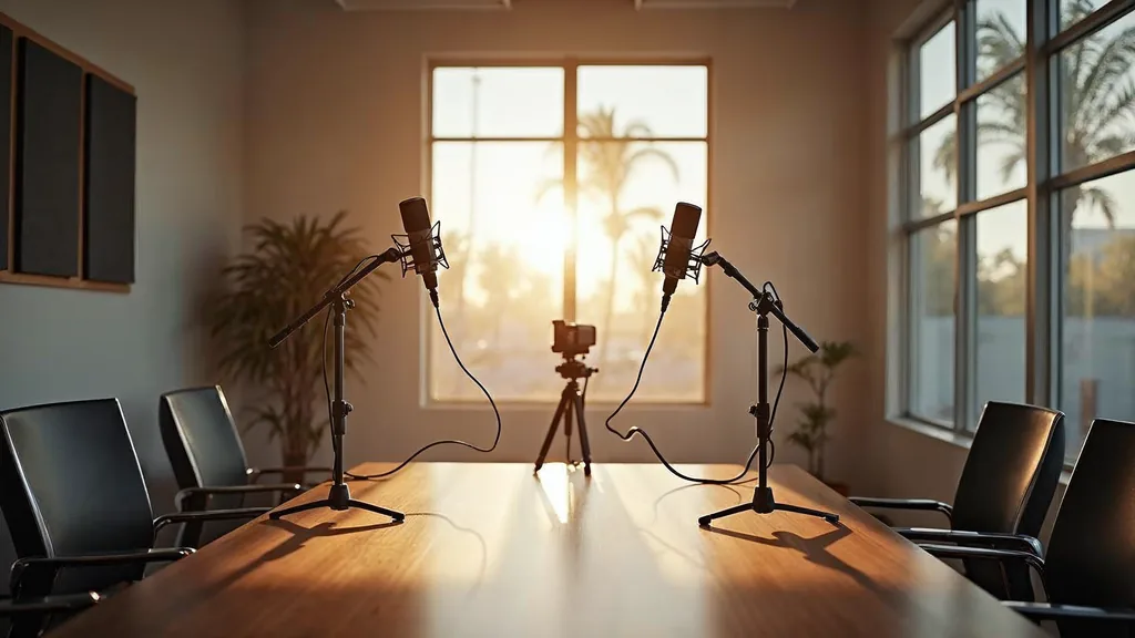 Editorial photograph of an empty modern video podcast studio in a Southern California business park unit with two microphones on boom arms, a camera on a tripod and acoustic panels lit by warm afternoon light
