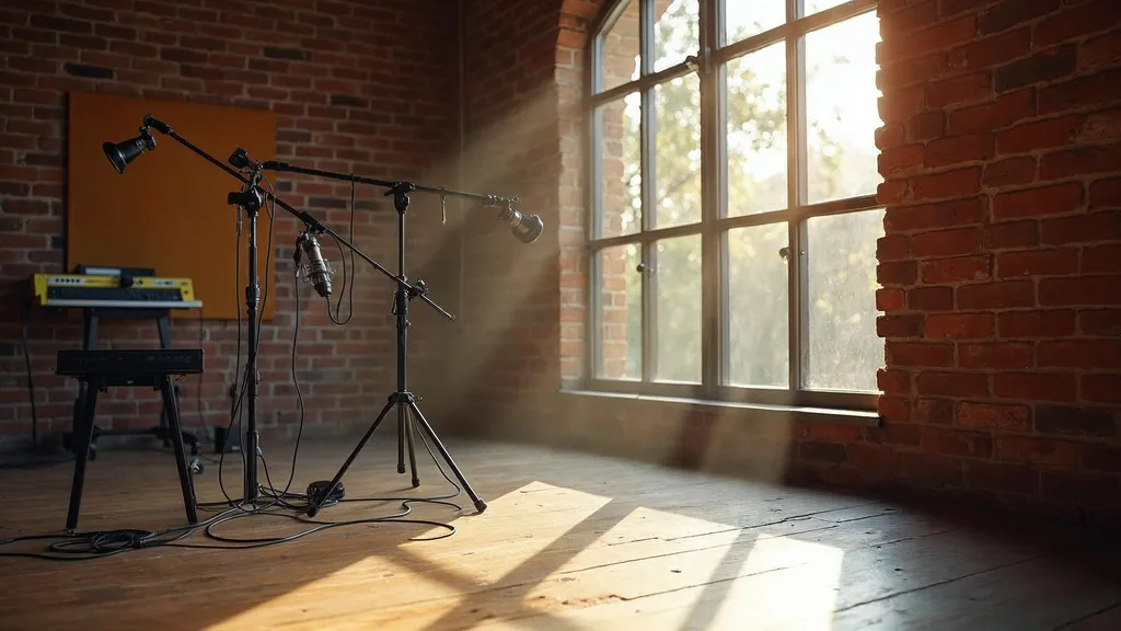 Editorial photograph of an empty podcast studio in an Adelaide brick building with two microphones on boom arms, a camera on a tripod and acoustic panels lit by warm late afternoon light through a tall window