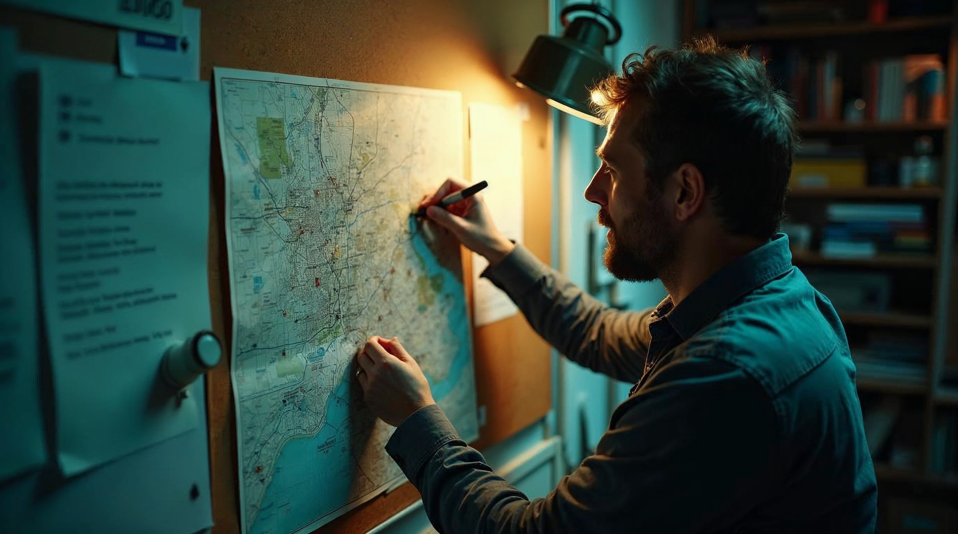 Practice manager pinning a printed neighbourhood map to a corkboard in a back office