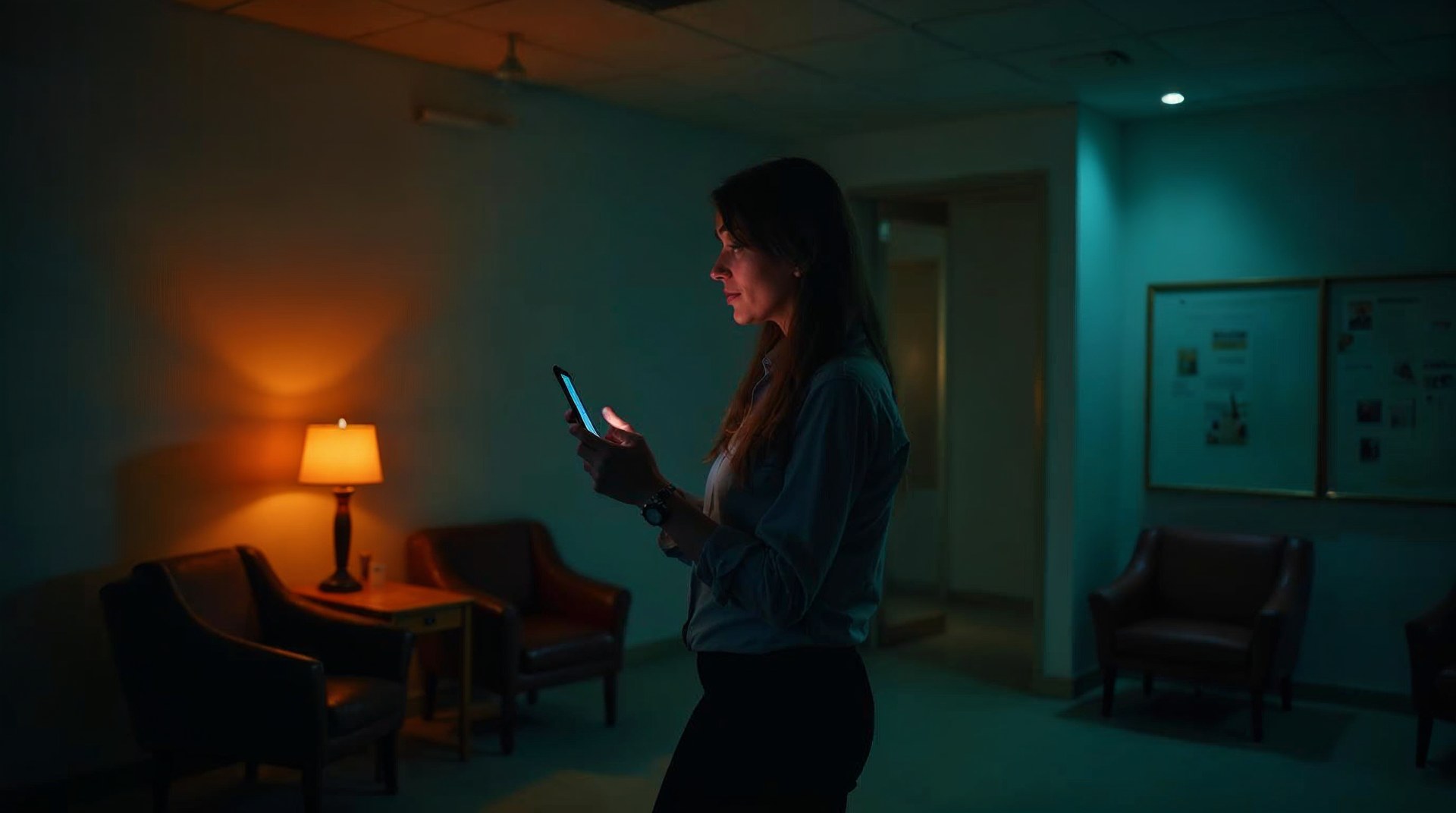 Dental practice owner reading search results on a phone in a dark empty waiting room at night