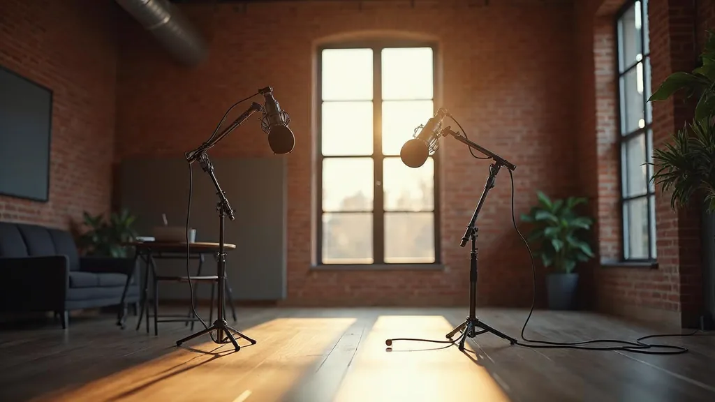 Editorial photograph of an empty podcast studio in a North Texas brick building with two microphones on boom arms, a camera on a tripod and acoustic panels lit by warm late afternoon light through a tall window